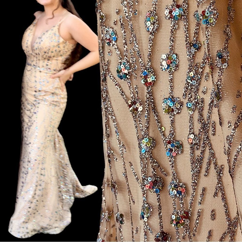 Amarra Colorful Glitter Sequin Tulle Satin Tie Back Floor Length Prom Dress
